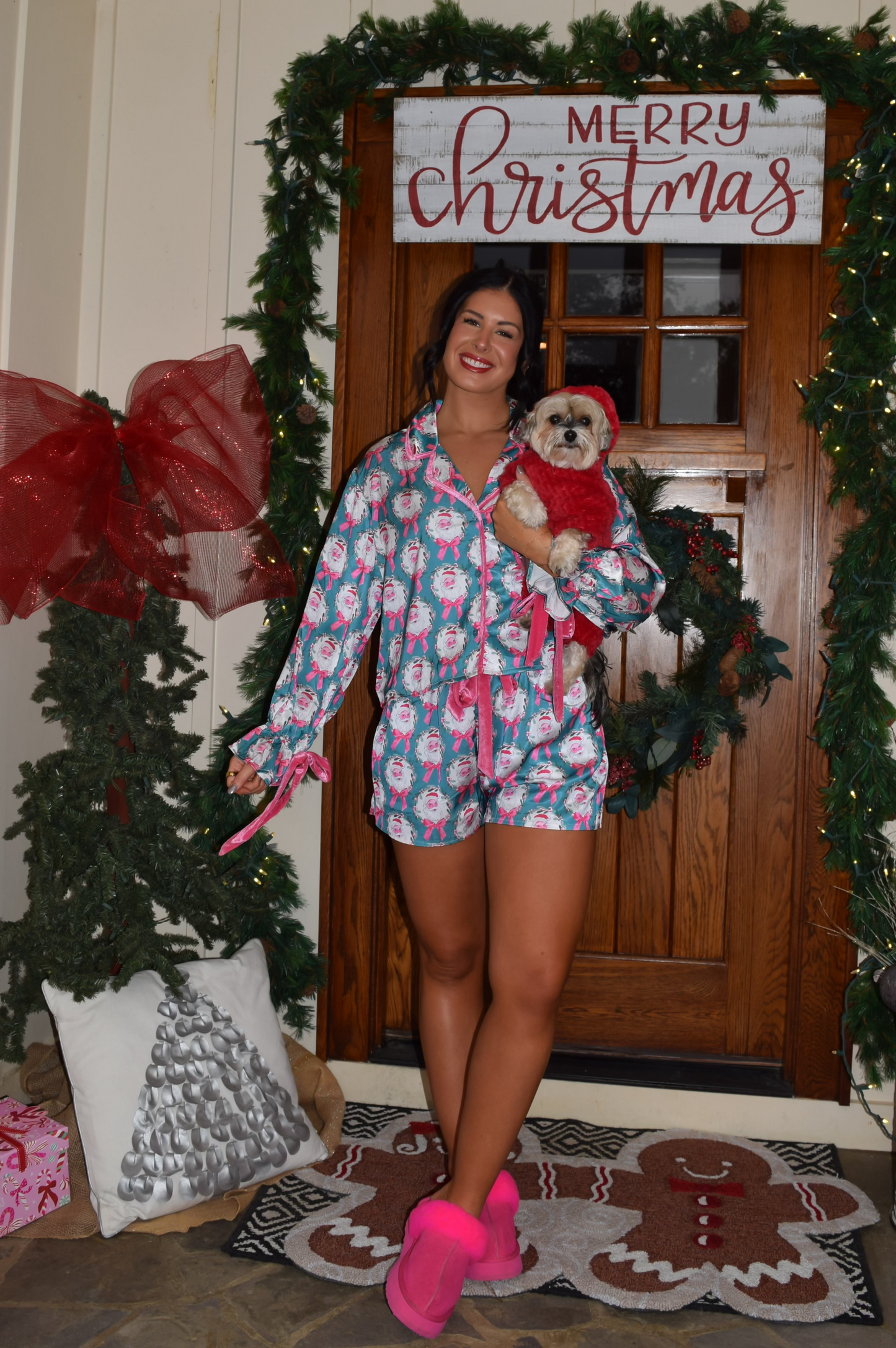 Satin Santa & Bow Prints Pajama Set