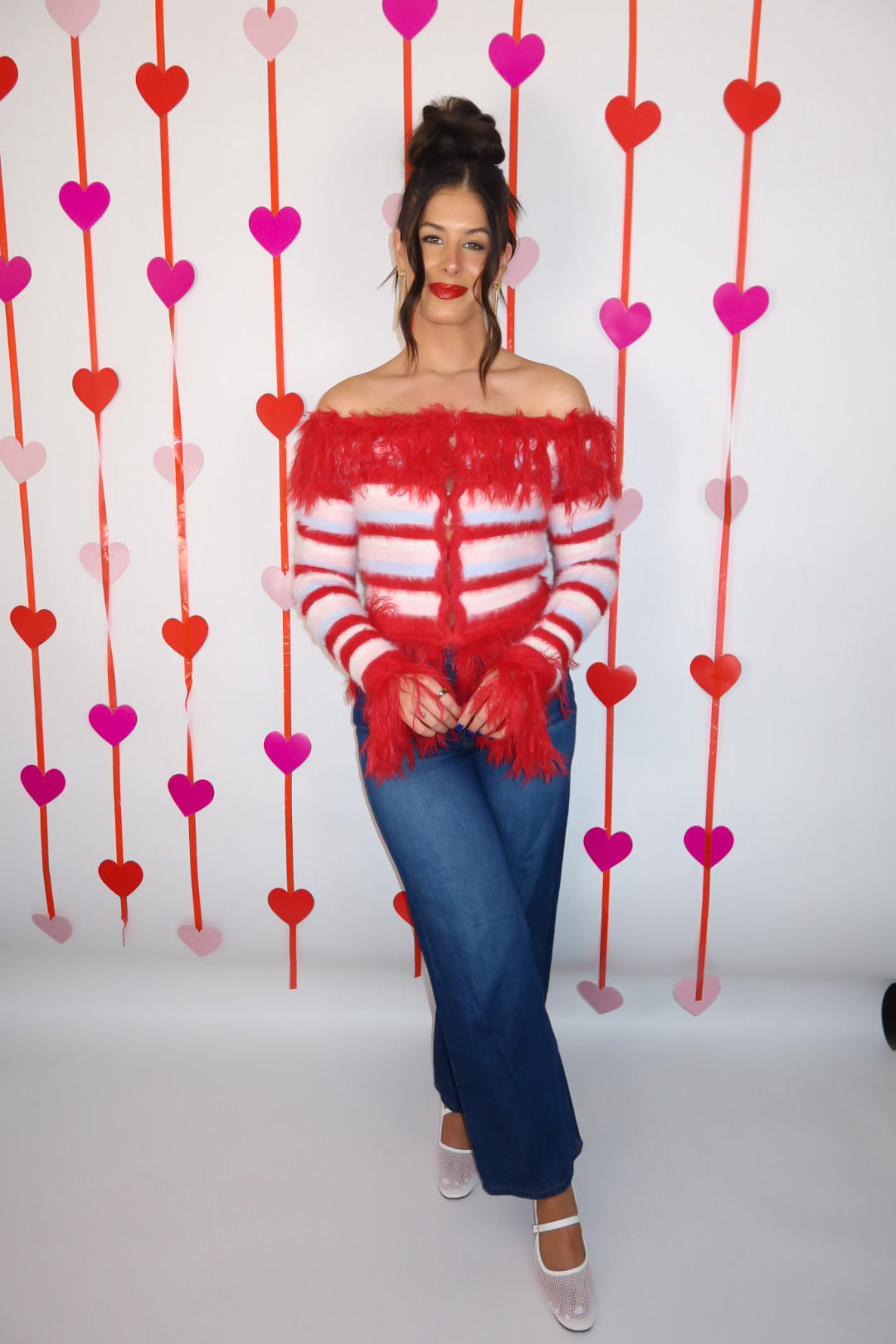 Off Shoulder Striped Shaggy Fringed Cardigan