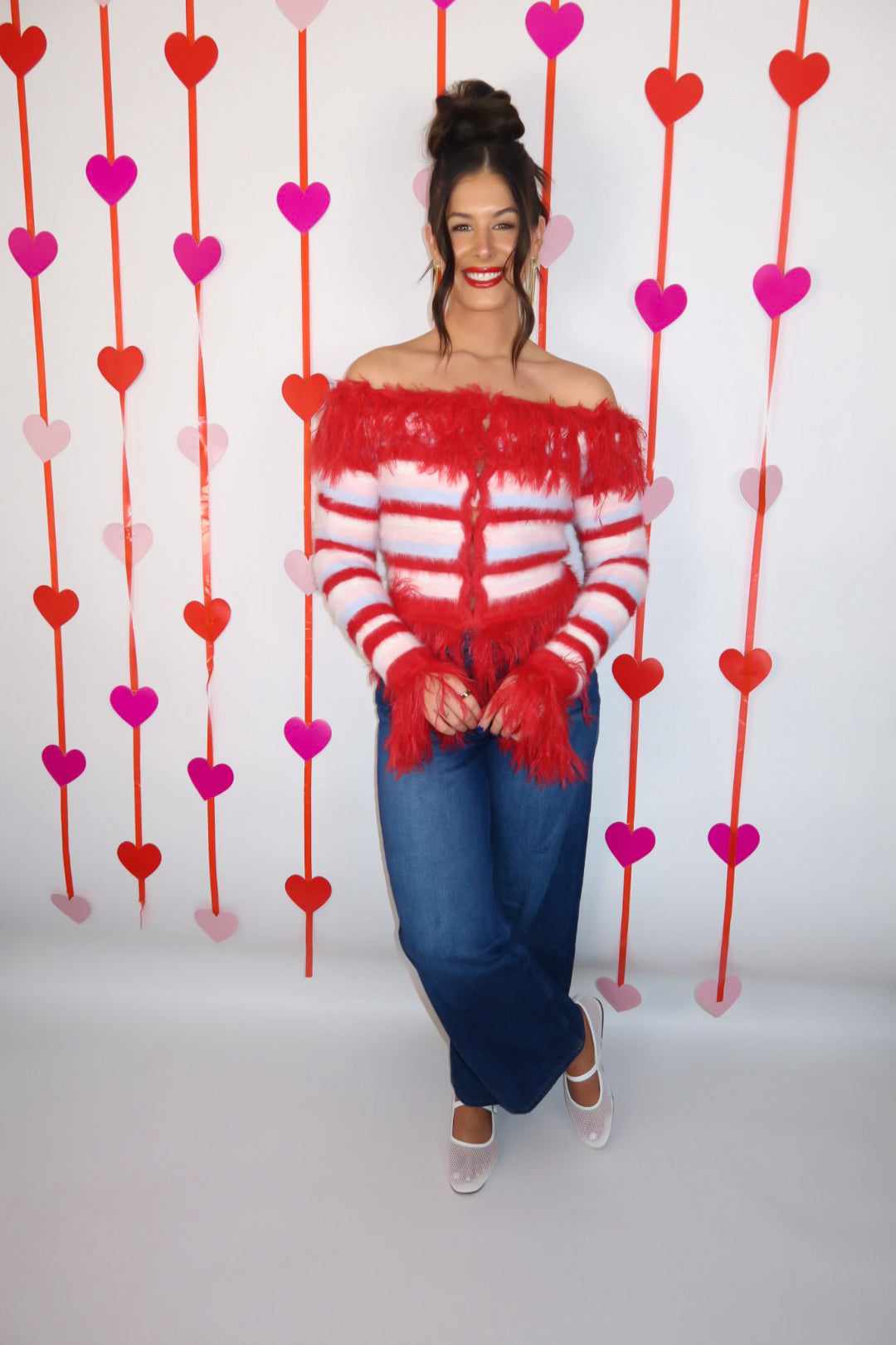 Off Shoulder Striped Shaggy Fringed Cardigan