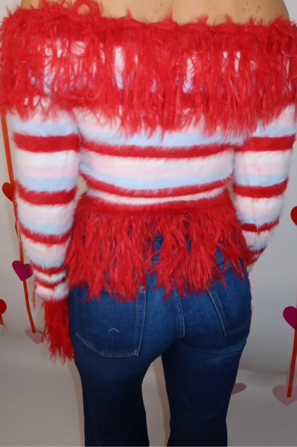 Off Shoulder Striped Shaggy Fringed Cardigan