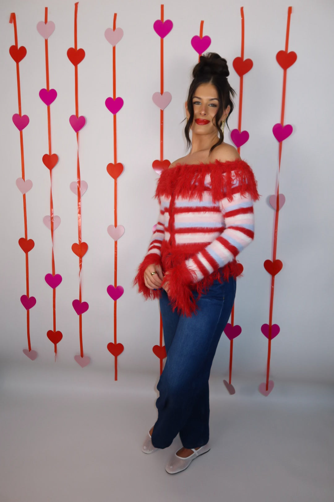 Off Shoulder Striped Shaggy Fringed Cardigan