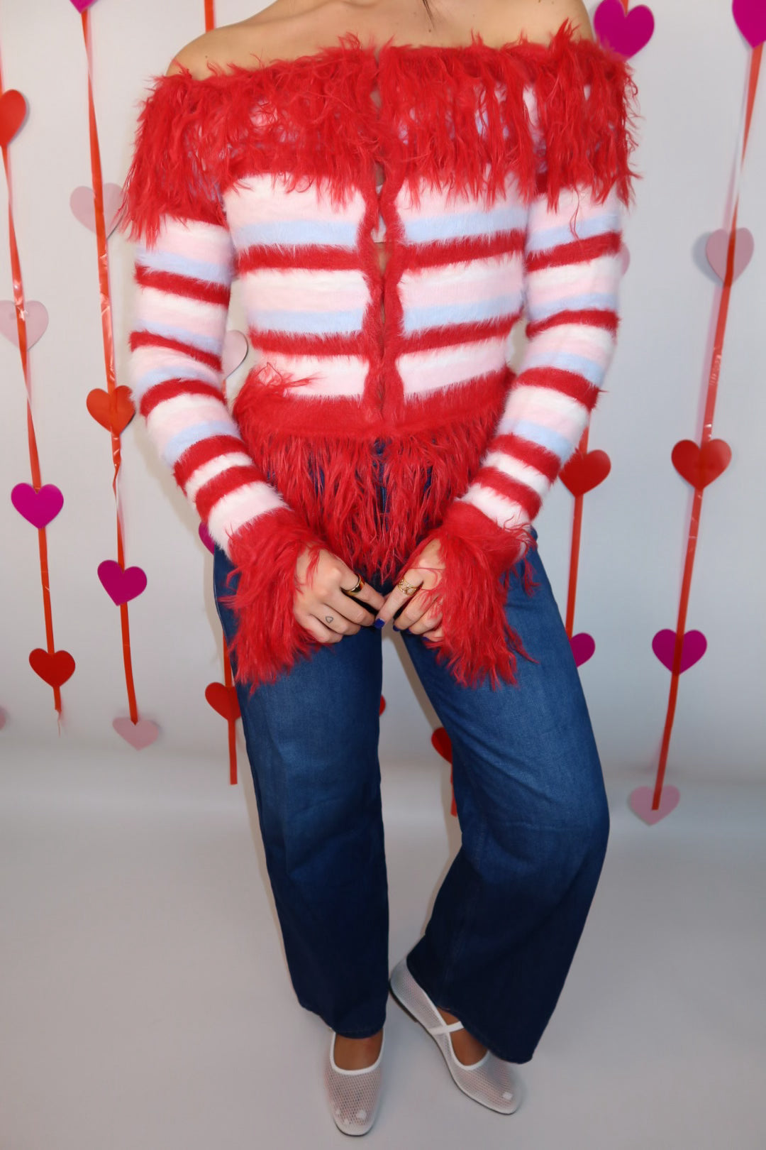 Off Shoulder Striped Shaggy Fringed Cardigan