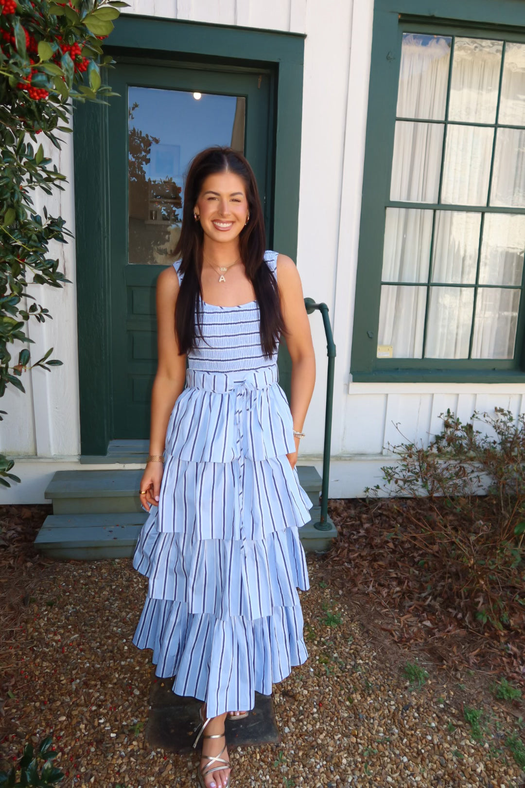 Pin Stripe Tiered Midi Dress