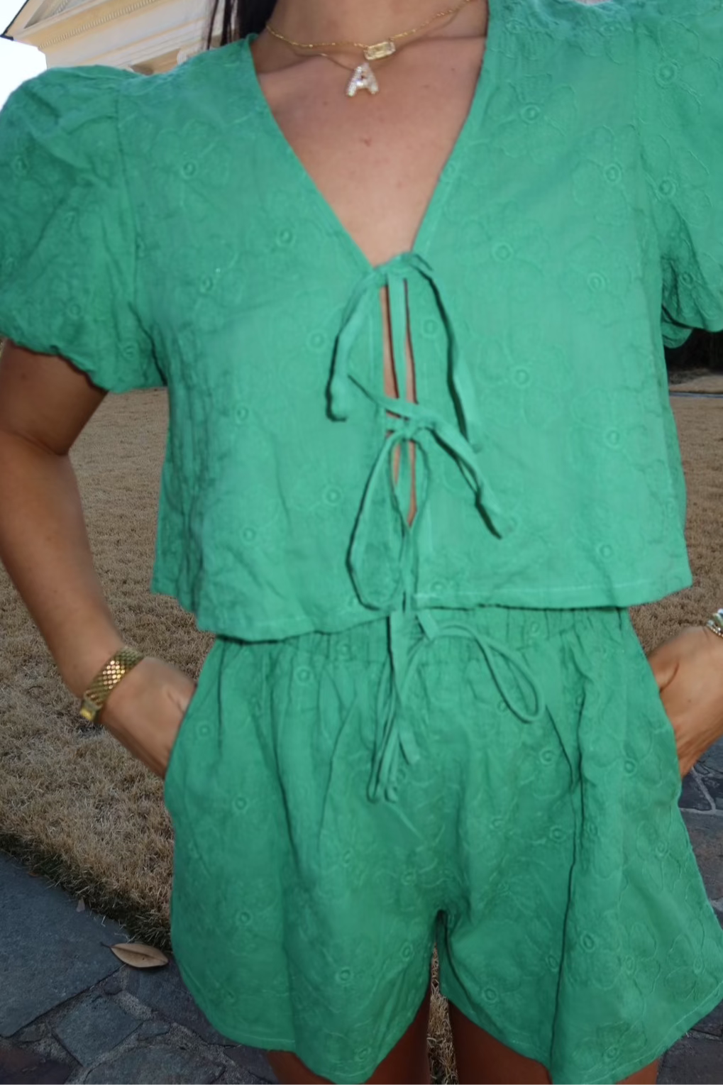 Bow Tied Blouse & Shorts Set with Flower Detail