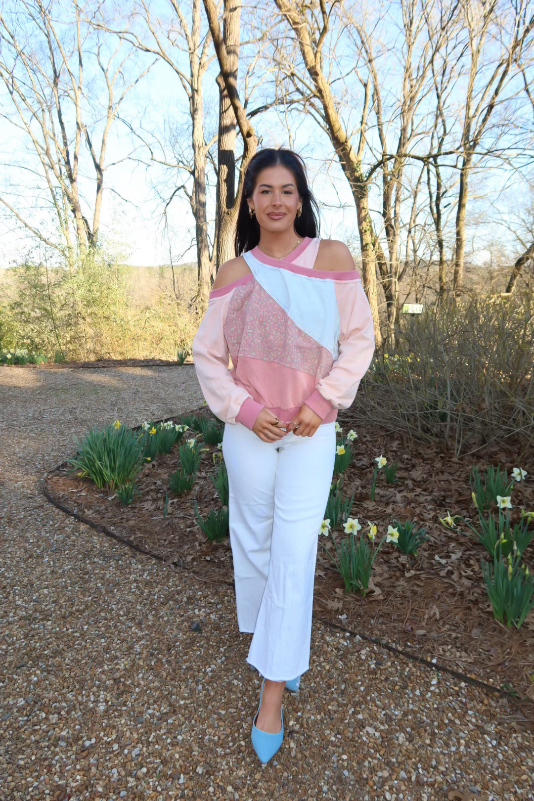 Washed Fabric Mixed Cutout Shoulder Tunic