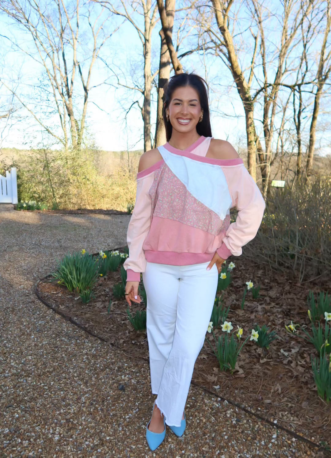 Washed Fabric Mixed Cutout Shoulder Tunic