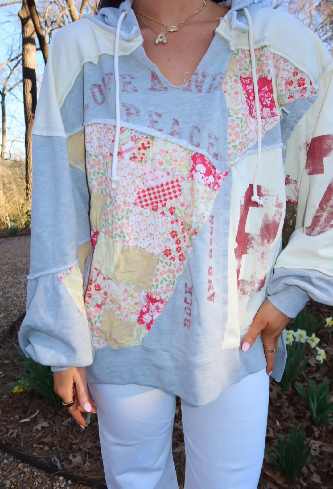 Washed Patchwork & Graphic Hoodie