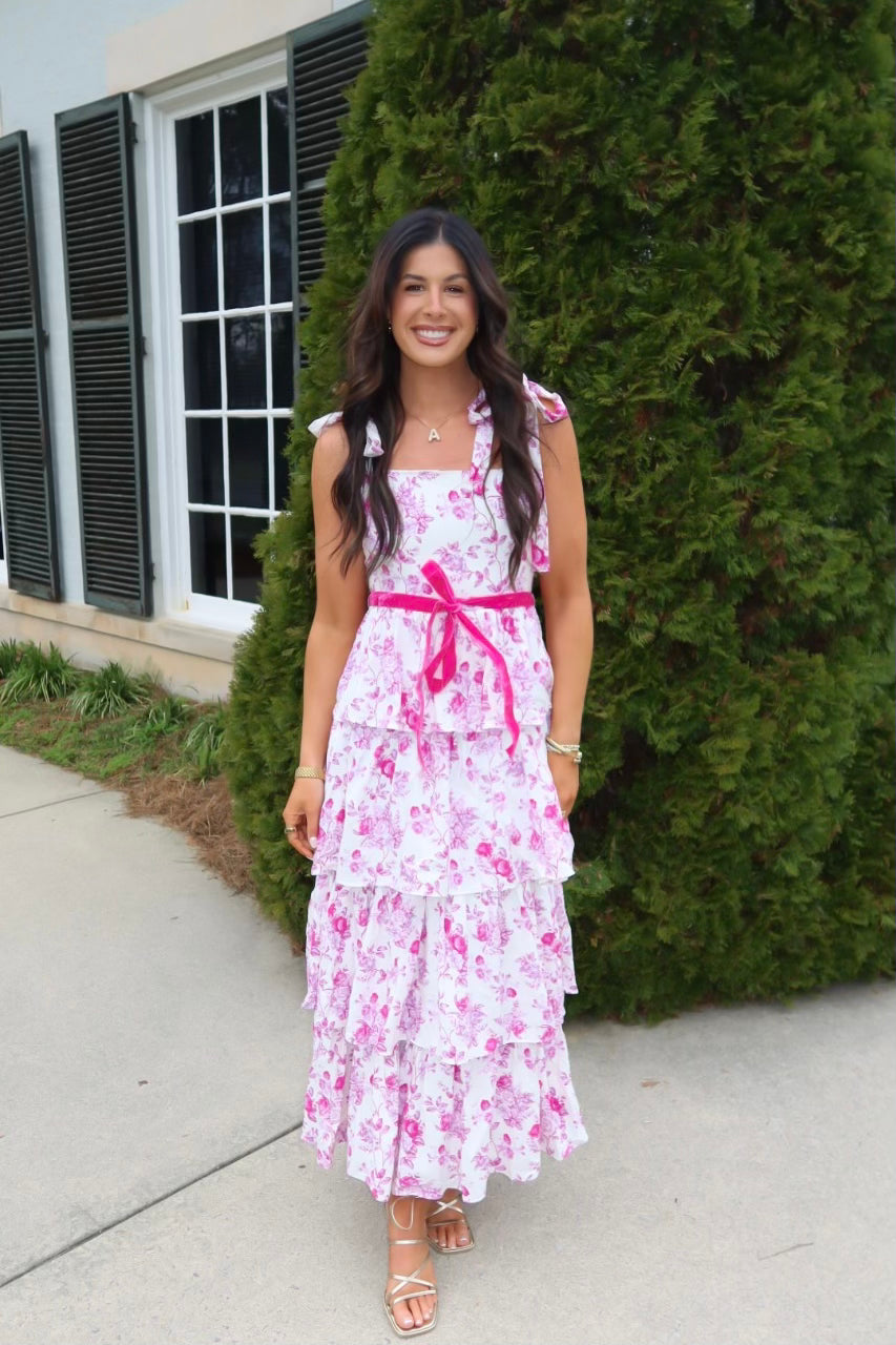 Pink Floral Print Tiered Adjustable Straps Mini Dress