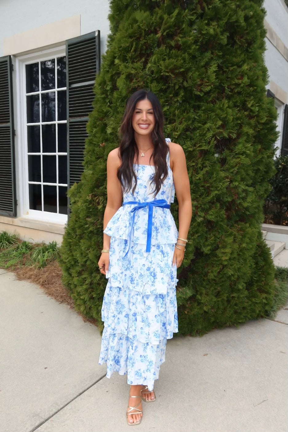 Blue Floral Print Tiered Midi Dress