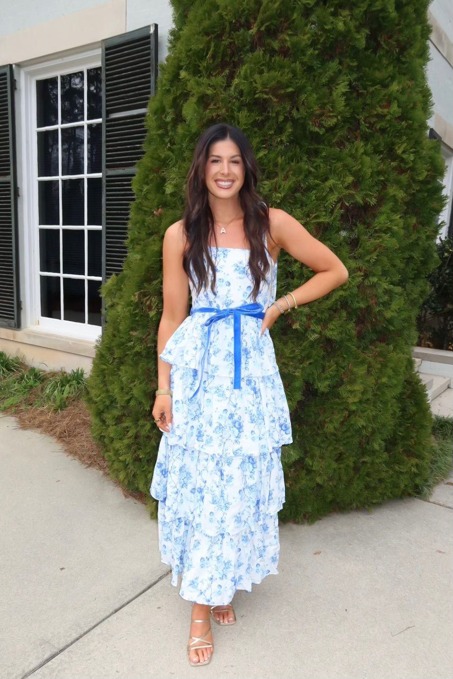 Blue Floral Print Tiered Midi Dress