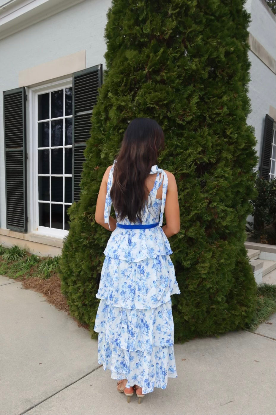 Blue Floral Print Tiered Midi Dress