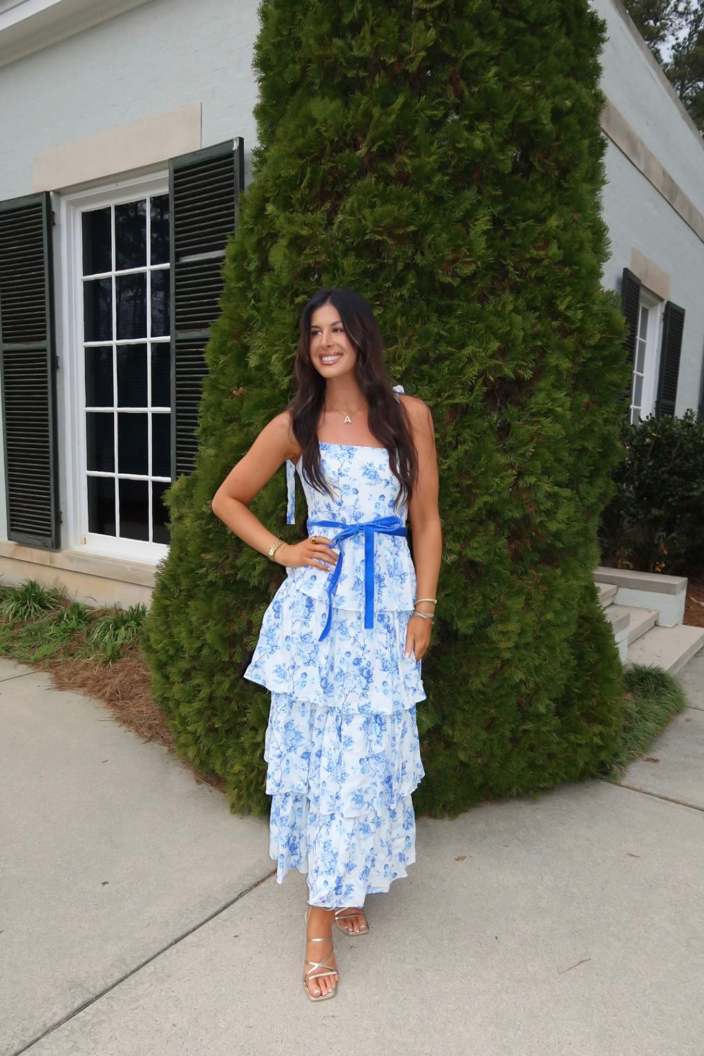 Blue Floral Print Tiered Midi Dress