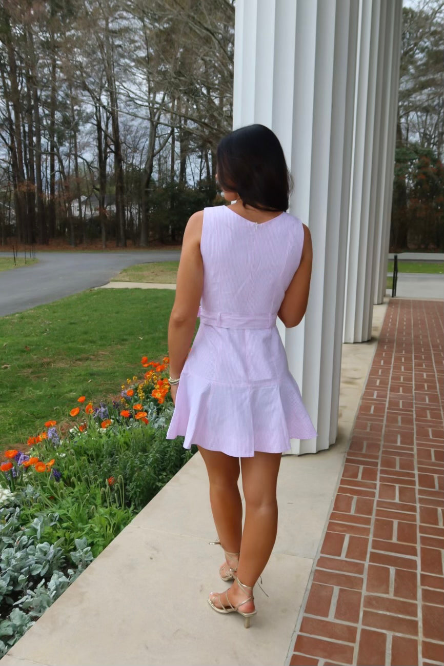 V-neck Belted Ruffle Hem Dress