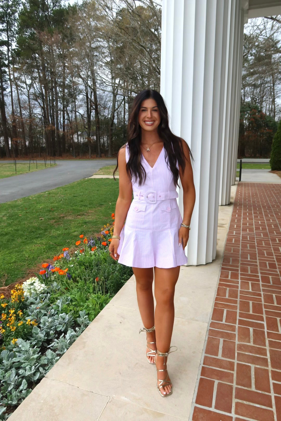 V-neck Belted Ruffle Hem Dress