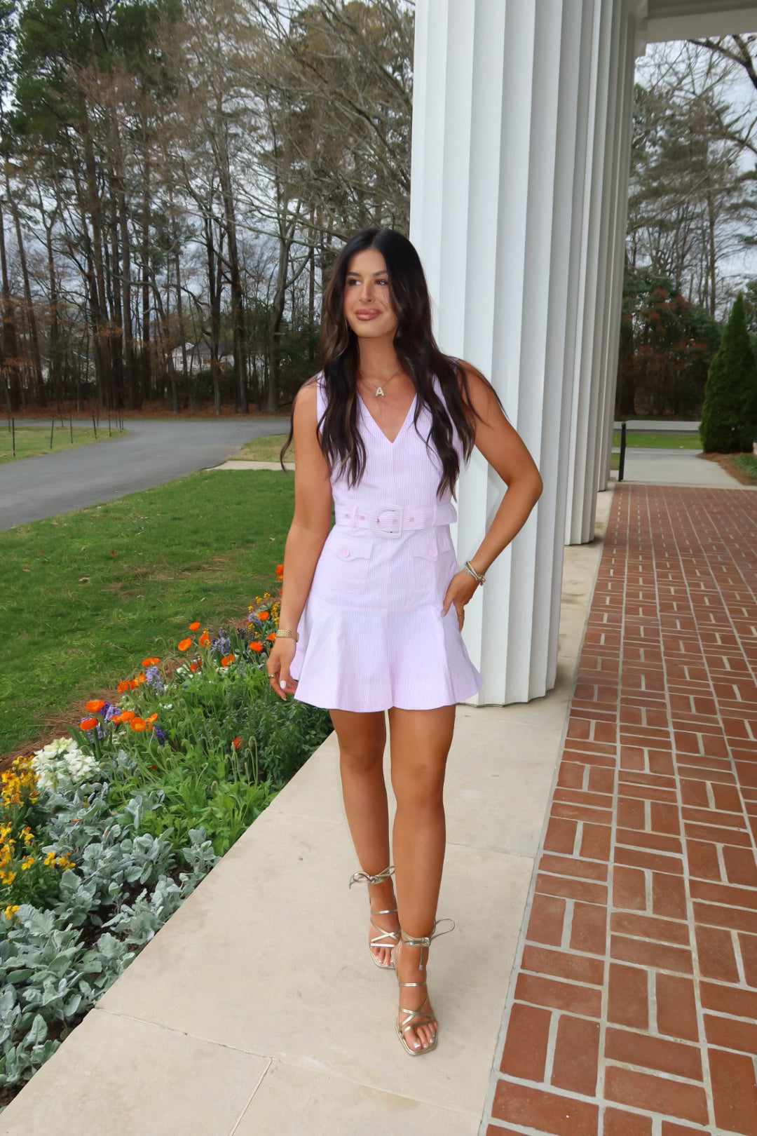 V-neck Belted Ruffle Hem Dress
