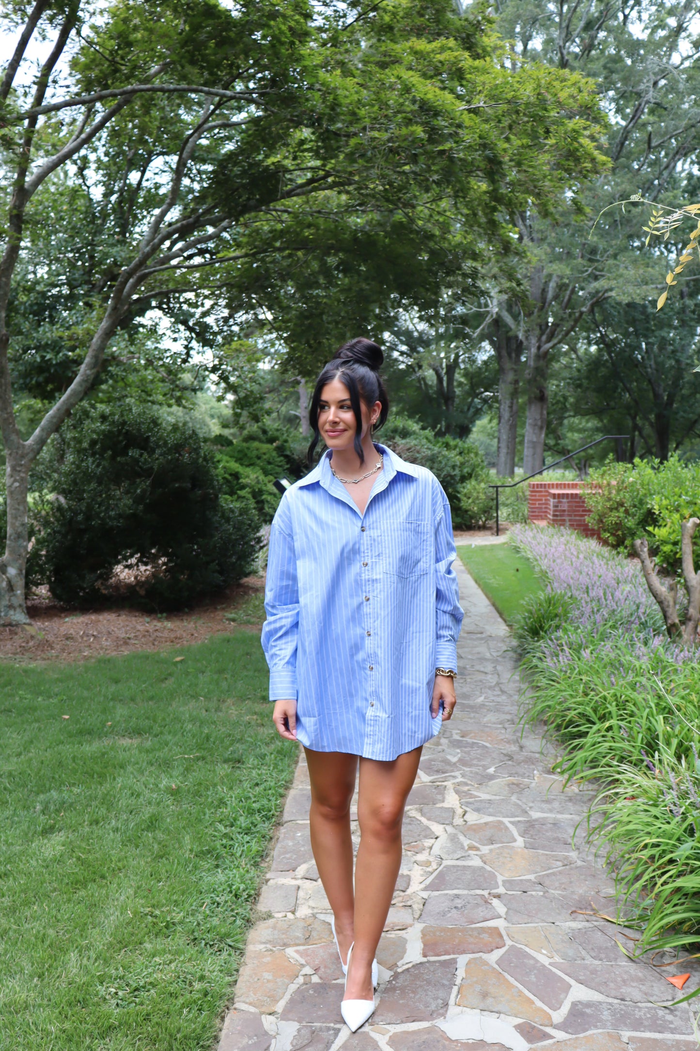 Striped Button-Front Oversized Pocket Shirt Dress