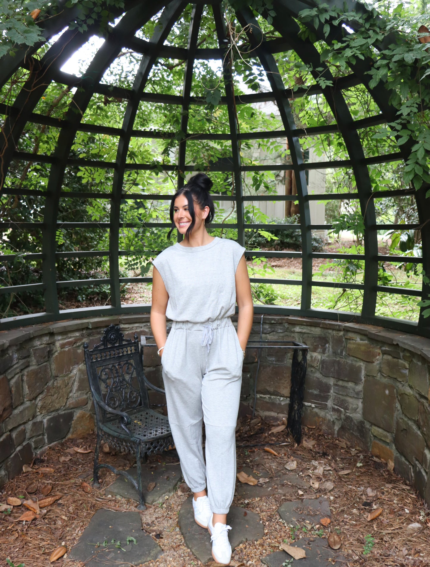 Crew Neck Rhinestone Detail Top Jogger Jumpsuit
