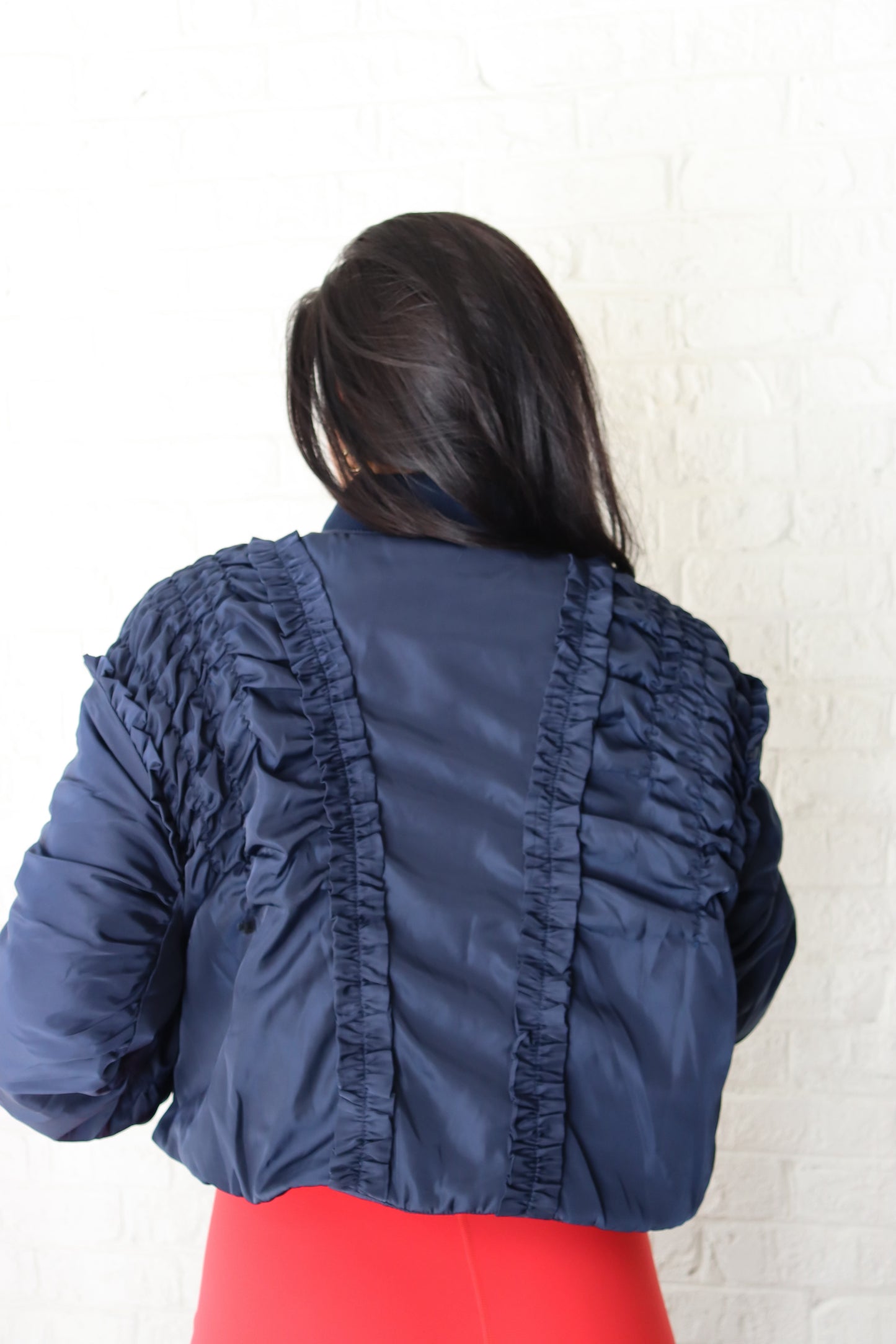 Ruffle Detail Puff Bomber Jacket