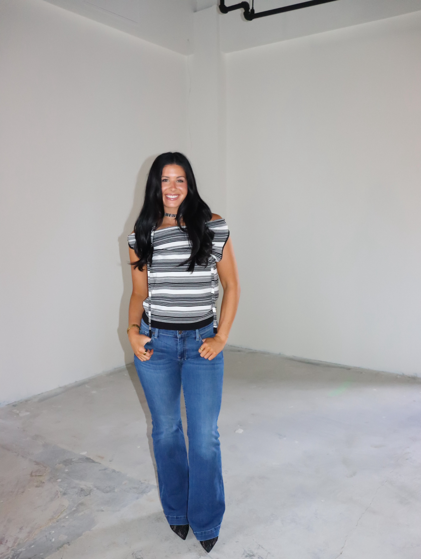 Striped Boat Neck Top w/ Scarf