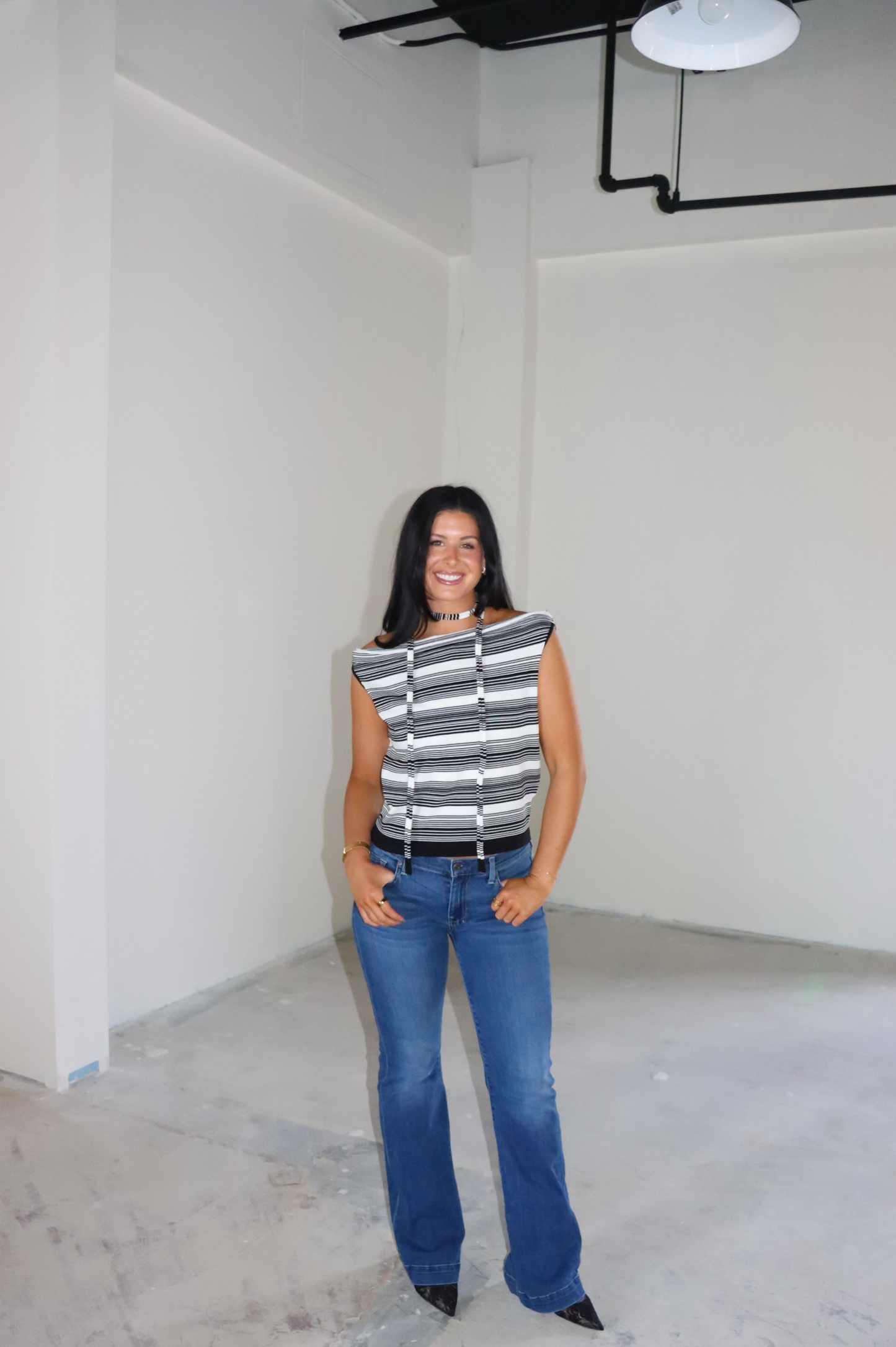 Striped Boat Neck Top w/ Scarf
