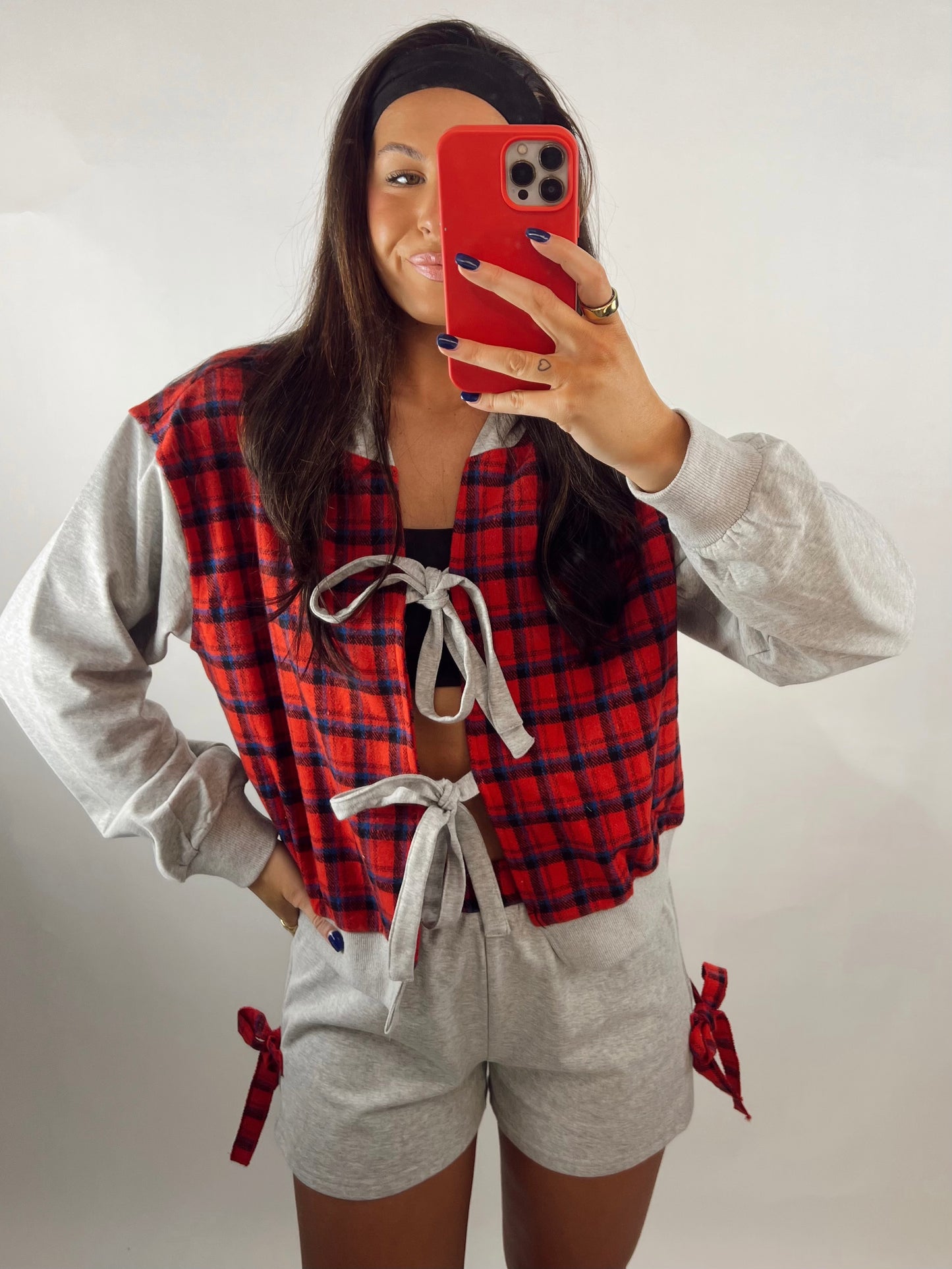 Plaid Tie-Detail Gray Terry Jacket & Shorts Set