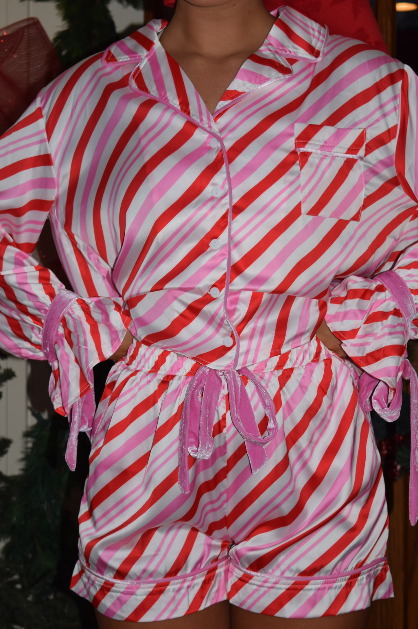 Candy Cane Striped Satin Pajama Set