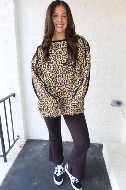 Binding Edge Leopard Pattern Loose Fit Sweatshirt