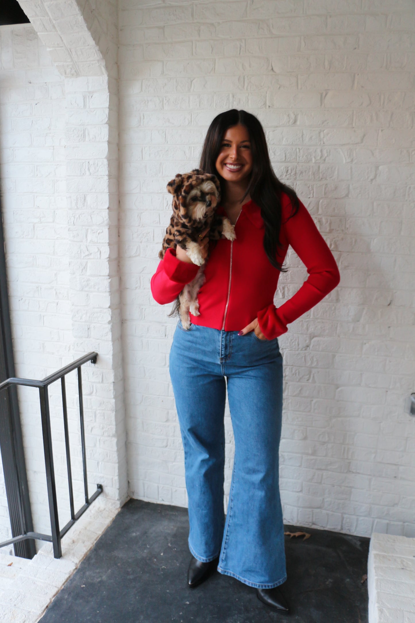 Red Sweater Faux Fur Collar