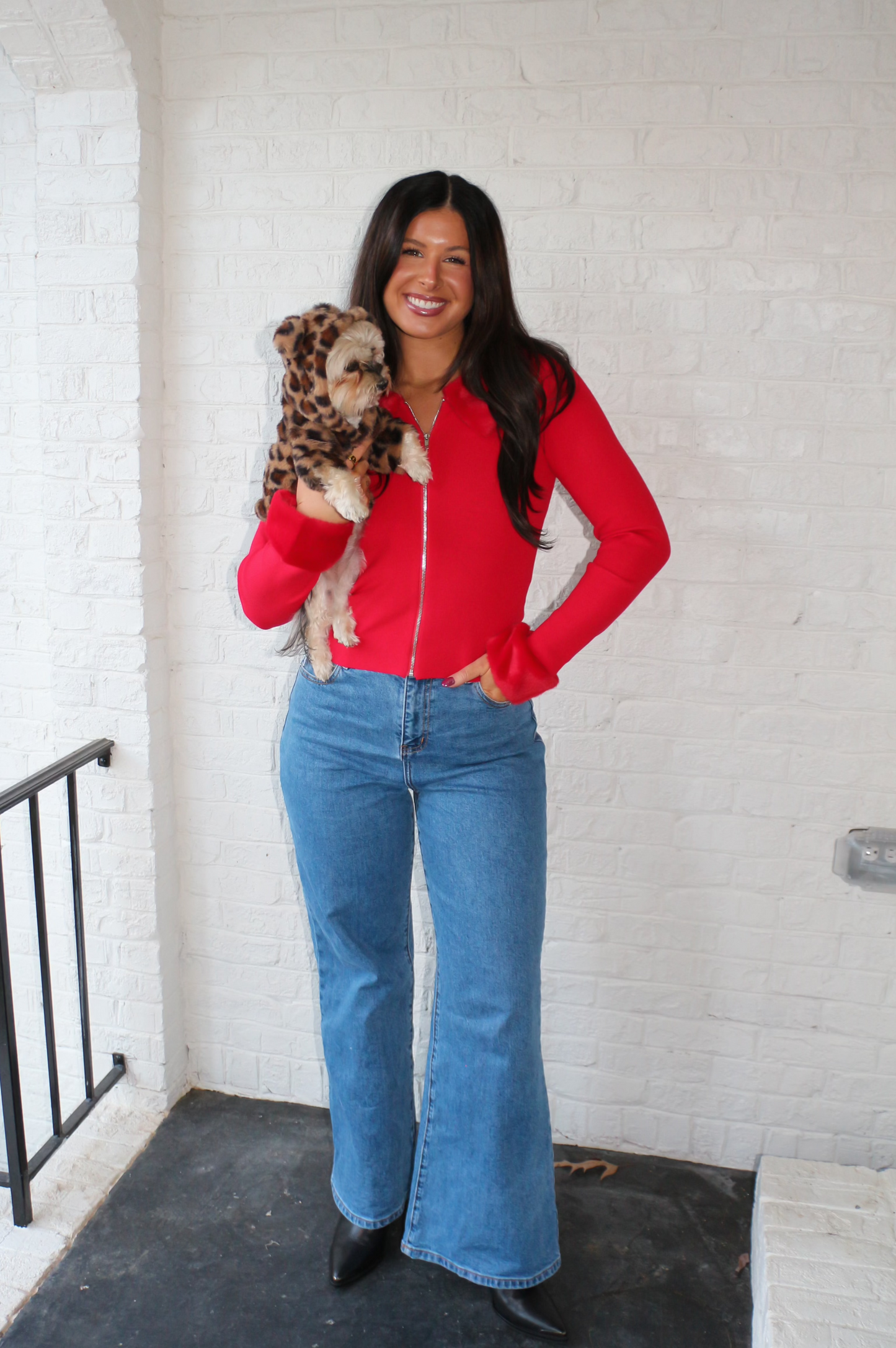 Red Sweater Faux Fur Collar