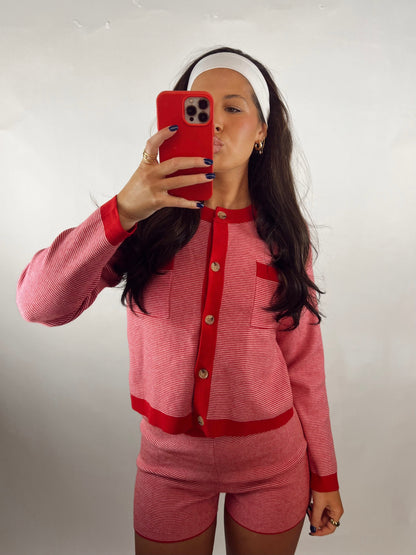 Red Striped Cardigan & Shorts Set